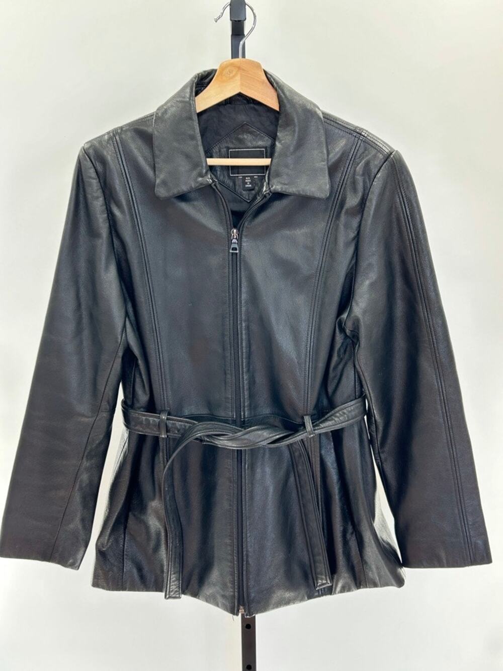 Outbrook Y2K Black Belted Leather Jacket Full Zip Sz M Dark Academia City Boy